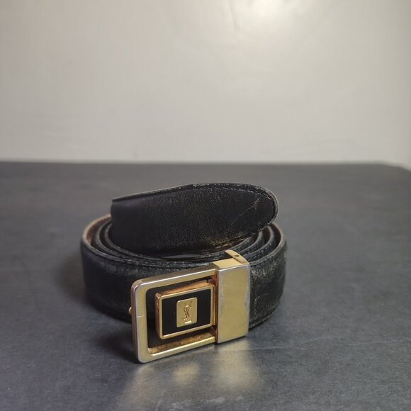 VINTAGE Yves Saint Laurent YSL Belt 42.5" 1" Black Leather Reversible Buckle - Picture 3 of 15